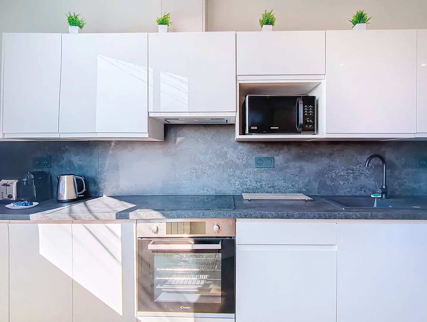 cuisine equipee location appartement court sejour argenteuil Cuisine moderne avec appareils électroménagers et plantes décoratives.