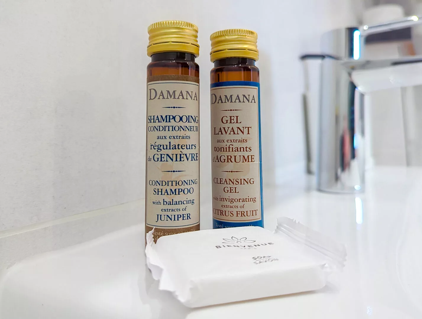 produits bienvenue location appartement argenteuil Flacons de shampooing et gel lavant Damana.